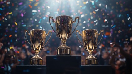 Three gold trophies stand on a podium under a shower of confetti rain