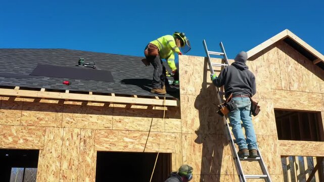 Slow dolly right video: two experienced workers in safety gear build a wooden frame house. One nails shingles, other attaches OSB panels under a blue sky. Professional craftsmanship concept