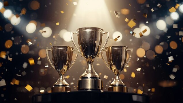 Three golden trophies stand on a podium under a shower of golden confetti