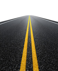 Realistic straight asphalt road centered with dashed lane marking on transparent background