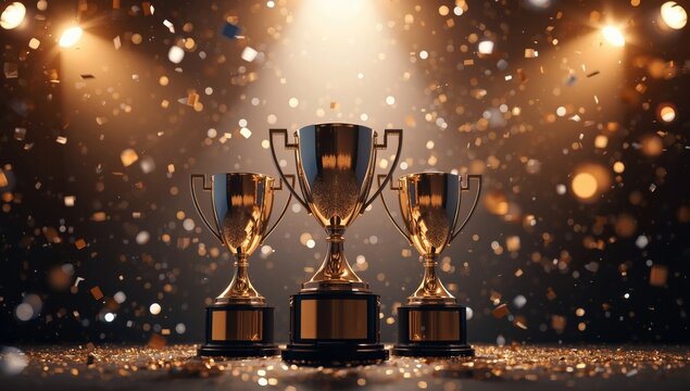 Three golden trophies stand on a podium under a shower of confetti rain