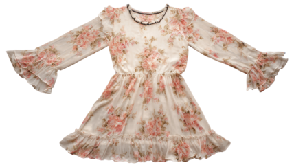 Light beige floral pattern dress elegant summer clothing feminine fashion apparel soft fabric garment style isolated on white background