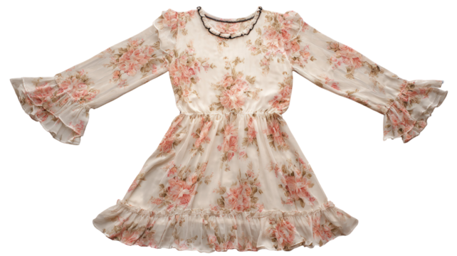 Light beige floral pattern dress elegant summer clothing feminine fashion apparel soft fabric garment style isolated on white background