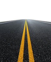 Realistic straight asphalt road centered with dashed lane marking on transparent background