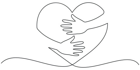 Single one line drawing of hands hugging big heart. Hands holding heart. Symbol of charity. Generosity illustration. Care for others. Sharing concept. Continuous line design graphic illustration