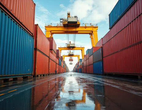 Large yellow gantry cranes load cargo at busy port terminal under bright sky. Colorful shipping containers stacked high on wet dock. Workers manage global freight movement for efficient trade.