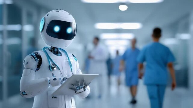 A humanoid white robot in a hospital hallway holds a clipboard, looking toward the camera.