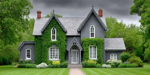 A gothic mansion under foreclosure, with ivy-covered windows and stormy skies
