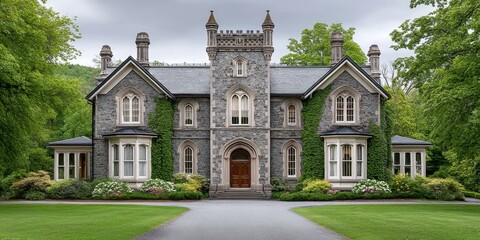 A gothic mansion under foreclosure, with ivy-covered windows and stormy skies