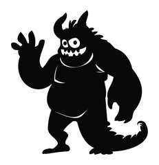 Big, strong, waving black silhouette of a scary monster beast with a tail, horns, and a wide mouth full of teeth. Vector cartoon illustration