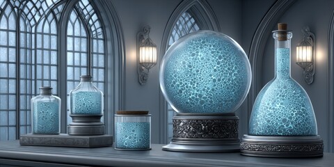 A magical bio-lab with glowing cells suspended in air inside enchanted flasks