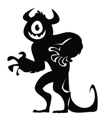 Crouching, bulky cyclops monster black silhouette with one eye, large arm, tail, horns, and a menacing pose. Vector cartoon illustration