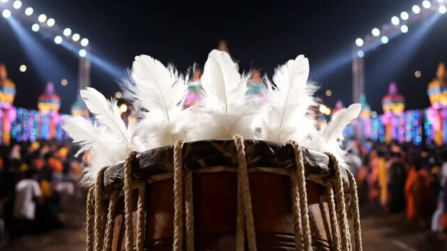 Close up view Theyyam drum with feather suitable for cultural event, ritual, background, religious performance, festive music, ethnic celebration.
