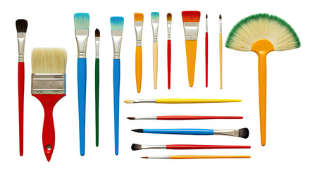 Set of various colorful artist paintbrushes arranged on white background, ideal for painting and art projects