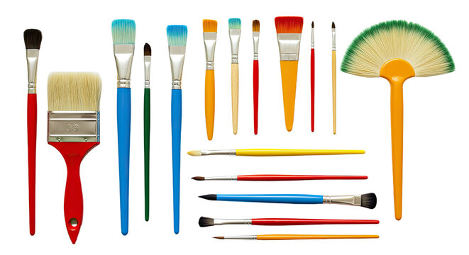 Set of various colorful artist paintbrushes arranged on white background, ideal for painting and art projects - Powered by Adobe