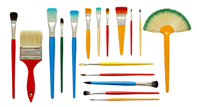 Set of various colorful artist paintbrushes arranged on white background, ideal for painting and art projects