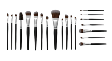 Set of various makeup brushes with black handles and soft bristles isolated on white background, perfect for beauty and cosmetic uses