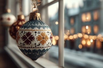 Decorative ornament hanging on window during winter season with festive lights in the background