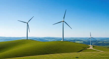 Wind turbines on rolling hills against a clear blue sky demonstrating clean energy production for