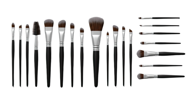 Set of various makeup brushes with black handles and soft bristles isolated on white background, perfect for beauty and cosmetic uses