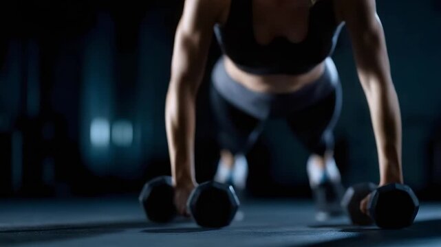 A person performing push-ups while holding dumbbells on the floor.