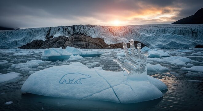 Frozen reality: A surreal landscape of melting ice, a polar bear symbol and a transparent hand - Powered by Adobe