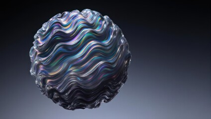 Abstract iridescent sphere with wavy texture on dark background.