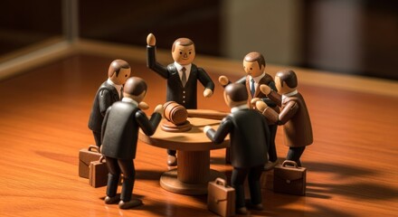 Miniature business figures around table illustrating business meeting dynamics and negotiations