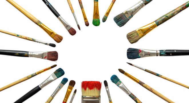 Set of various paintbrushes arranged in a circle on white background, perfect for art projects and painting workshops