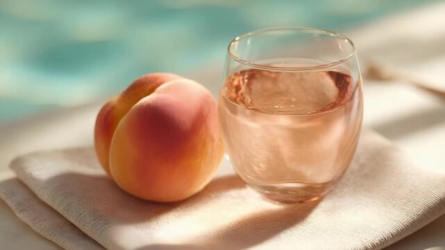 Peach and a glass of pink drink on a towel by a poolside.
