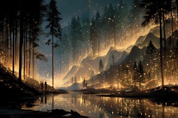 Majestic forest glowing with lights near a tranquil river during twilight