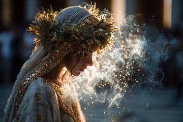 Woman wearing a floral crown and traditional clothing surrounded by mist at an outdoor festival in late afternoon sunlight