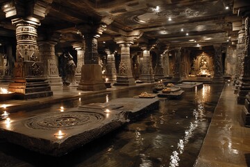 Intricate stone carvings and water features in an ancient cave temple during evening candle lighting