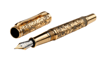 Golden luxury fountain pen elegant writing instrument premium stationery metallic ink tool classic office accessory isolated on white background