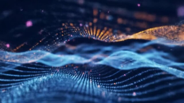 Smooth tracking video through dark digital void with vibrant blue data streams and swirling orange/fuchsia light particles. Futuristic tech flow concept