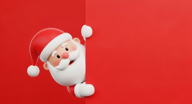 Festive santa claus peeking around a vibrant red corner with a cheerful expression