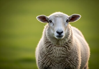 Close-up portrait of a white woolly sheep standing in a green field, looking directly at the viewer with soft natural light.