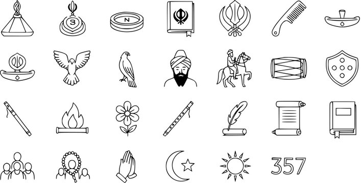 Sikhism Icons Set. Collection of Line Art Symbols Representing Sikh Culture, Faith, Gurus, and Practices. Religious Vector Graphics.
