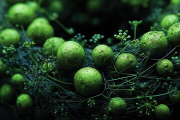 Green spherical shapes nestled among delicate green plants in a darkened environment