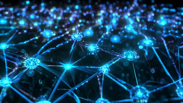 A cluster of digital nodes. The next-generation network infrastructure is represented by blue light.