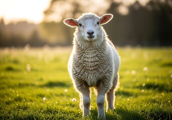 Obraz premium A fluffy white lamb stands in a sunlit green pasture, looking directly at the viewer with a gentle expression.