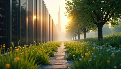 Data center facade stands near grassy path. Nature meets tech, eco friendly computing. Sunlight kisses building wall, illuminating flowers. Tower rises in distance, under sky showing innovation