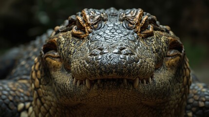 Obraz premium Headon portrait of a cuviers dwarf caiman showing small teeth, perfect for wildlife blogs, educational materials, and reptilethemed designs.