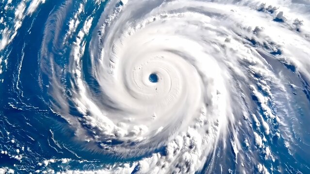 A huge typhoon vortex seen from space. Its eye is clearly visible.