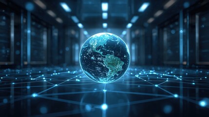 Glowing earth globe in data center network. Suitable for technology, global connectivity, networking, data security, it concepts.