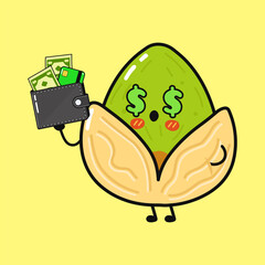 Pistachio character holding wallet with money