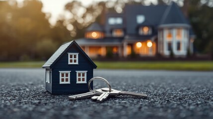 Toy house with keys symbolizing home ownership and security, perfect for real estate, mortgage, insurance, and property investment concepts.
