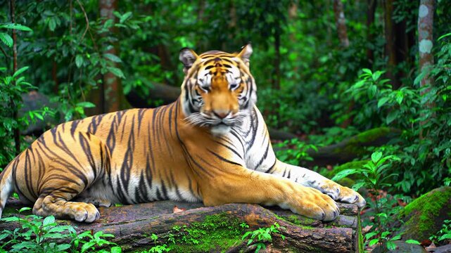 Majestic Bengal tiger with vivid orange and black stripes on a mossy tree trunk in a lush rainforest, turning head, then gracefully walking. Raw natural majesty wildlife concept