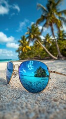 Mirrored sunglasses reflecting a tropical beach paradise, suitable for summer vacation concepts and travelrelated designs. Perfect for promotional materials.