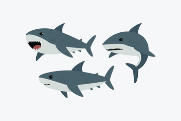 Set of three cartoon shark vectors in flat design, perfect for kids, marine, and ocean themes